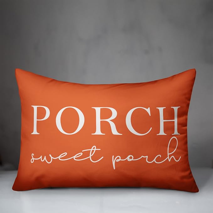 Porch Sweet Porch Orange Indoor/Outdoor Pillow | Decorative Pillows for Living Room Couch Bed Sofa Patio, Fluffy Soft Cushion | Water Resistant Orange, 14x20