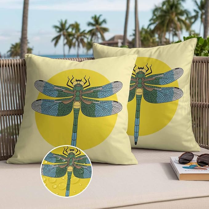 Throw Pillow Covers 20x20 Inch Set of 2, Blue Dragonfly Waterproof Outdoor Pillow Covers, Yellow Vintage Art Decorative Cushion Pillowcases for Couch, Sofa, Bed, Garden, Patio