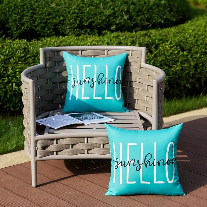 DFXSZ Blue Green Outdoor Waterproof Pillow Covers 16x16 Set of 2 | Hello Sunshine Decor Spring Summer Polyester Pillow Covers(NO INSERTS)| Decor for Patio Funiture Garden Sofa Couch