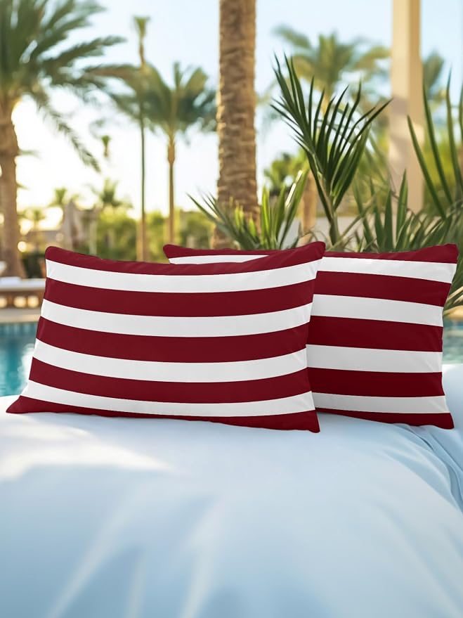Waterproof Outdoor Pillow Set of 2 Burgundy Red Stripes Decorative Throw Pillows Cover & Insert 20x12 Inch Lumbar Pillowcase Classic Striped Lines Pillows for Couch Sofa Bed Patio Furniture