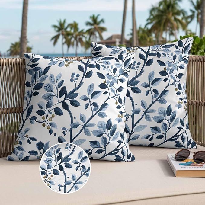 Throw Pillow Covers 16x16 Inch Set of 2, Navy Blue Botanical Waterproof Outdoor Pillow Covers, Summer Spring Leaves Decorative Cushion Pillowcases for Couch, Sofa, Bed, Garden, Patio