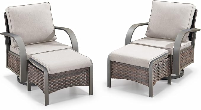 Belord 4 Pieces Patio Furniture Sets - Swivel Rocker Outdoor Chairs with Ottomans, All Weather Wicker Swivel Furniture Glider Seating Set for Porch Deck Sunroom Backyard