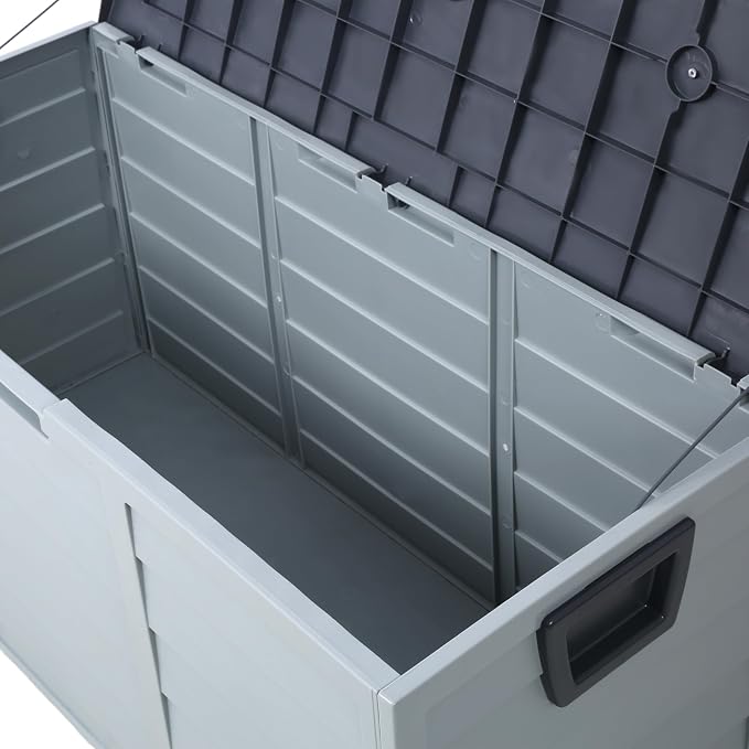 PVWIIK Outdoor Storage Box with Wheels,75 Gallon Mobile Waterproof Resin Deck Box,Lockable Storage for Patio Cushions,Garden Tools,Pool Accessories,UV-Resistant Storage Bench for Backyard & Deck,Gray