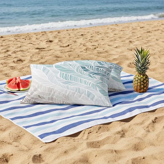 Vandarllin Outdoor Throw Pillows Covers 20x12 inch Set of 2 Waterproof Summer Beach Decorative Zippered Cushion Covers for Patio Furniture, Ombre Blue Abstract Leaf Lines Lumbar Pillowcases