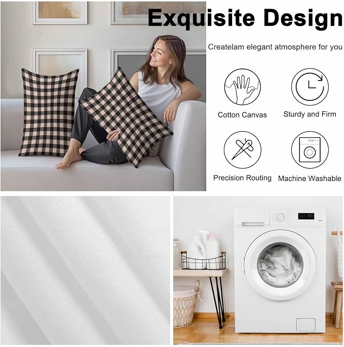 Outdoor Waterproof Throw Pillow Covers Set of 2 Beige Buffalo Plaid Lumbar Pillowcases 20x12 Inches Pastoral Black Checked Decorative Pillows Cushion Case Patio Pillows for Couch Bed Chair Garden