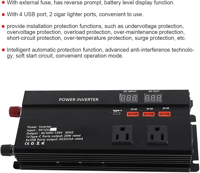 12V to 120V Power Inverter 700W Continuous / 4000W Peak, Car Inverter with LCD Display and USB Ports for Small Electronics(Not for High-Power Appliances)
