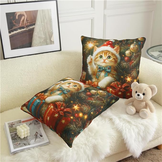 Christmas Pillow Covers 24x24 Set of 2 Adorable Cat Xmas Throw Pillow Covers Lovely Kitten Holding Sparklers Pillowcase Cotton Linen Cushion Case for Holiday Decor Sofa Couch