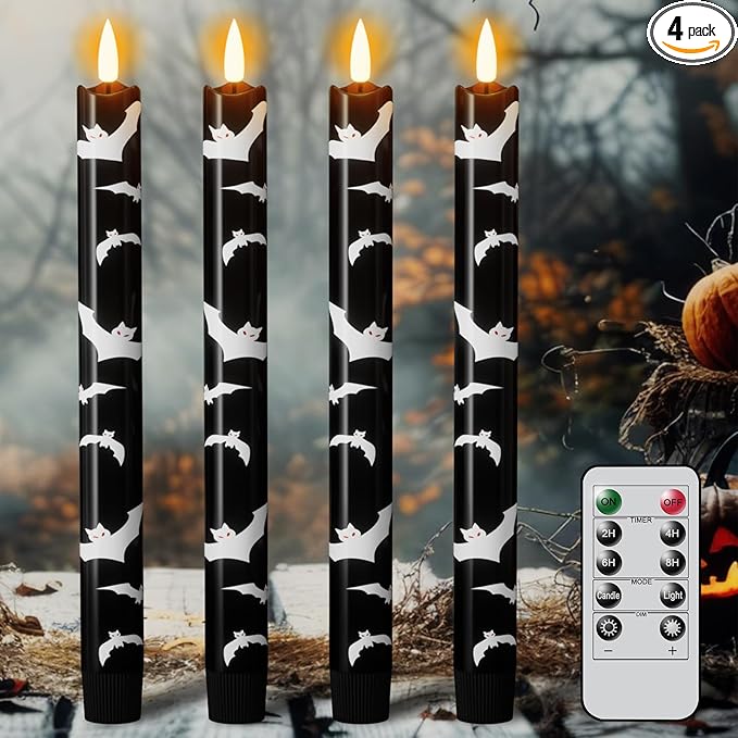 Eldnacele Flameless Flickering Taper Candles with Remote and Timer, Battery Operated Bats Decal Real Wax Black LED Window Candles Set of 4 Fireplace Spooky Halloween Holiday Decor