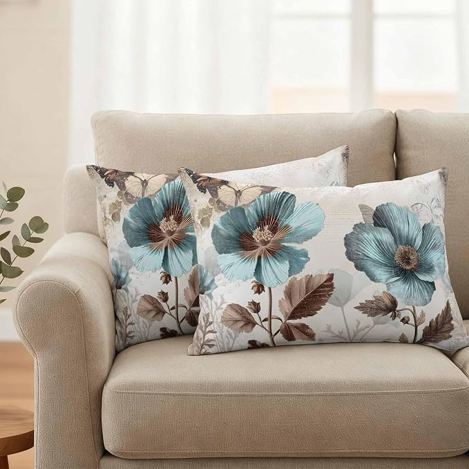 Teal Blue Floral Waterproof Outdoor Pillow Covers 20''x12'' Set of 2, Vintage Brown Flowers Butterfly Plant Patio Furniture Cushion Covers for Chairs, Decorative Pillow Cases for Garden/Pool/Beach