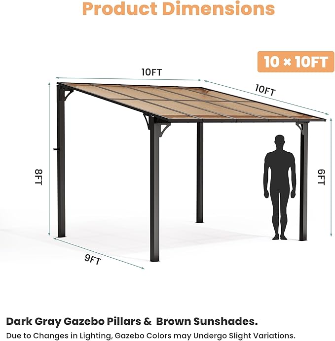 Pamapic 10x10FT Wall Mounted Gazebo, Hardtop Lean to Gazebo with Aluminum Frame & UV Resistant Polycarbonate Roof, Outdoor Patio Awning for Deck, Porch, Lawn & Backyard