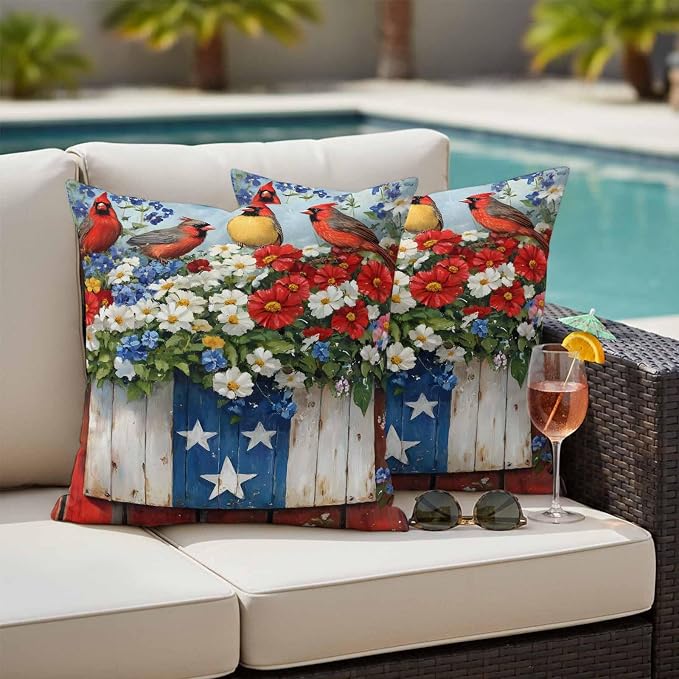 Cardinal Bird Poppy Outdoor Waterproof Throw Pillow Covers Set of 2, 18"x18", 4th of July Patriotic USA Flag Decorative Pillow Covers Outside Cushion Case for Patio Porch Garden