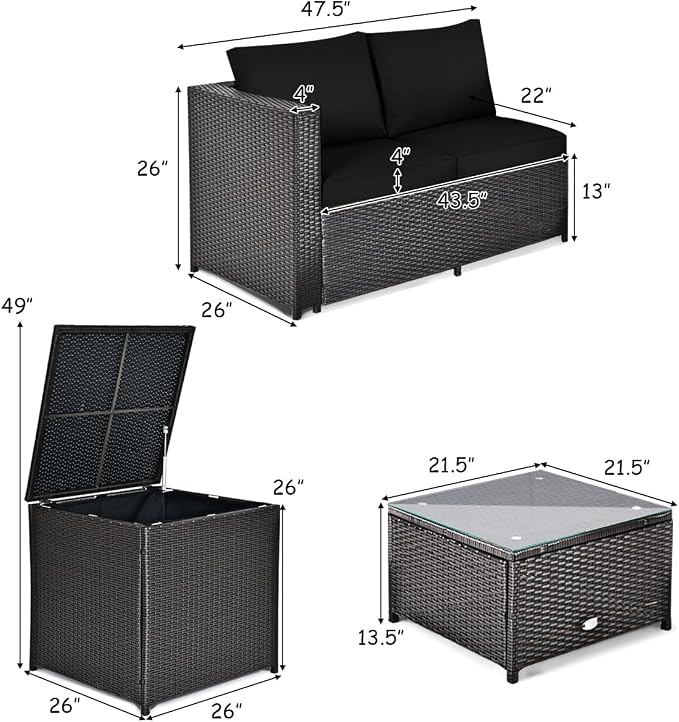 Tangkula 4 Piece Wicker Patio Set with Storage, All Weather-Proof Outdoor Conversation Set with Loveseat, Glass Top Coffee Table & Storage Box, Suitable for Garden, Poolside, Sunroom (1, Black)