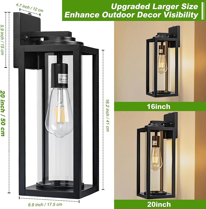 FILIYANO Large Dusk to Dawn Outdoor Wall Lights, 20 Inch, Modern, 2 Pack | Anti-Rust, Waterproof, Matte Black Exterior Fixtures with Photocell, Farmhouse Lighting Sconces for Garage, Porch, Front Door