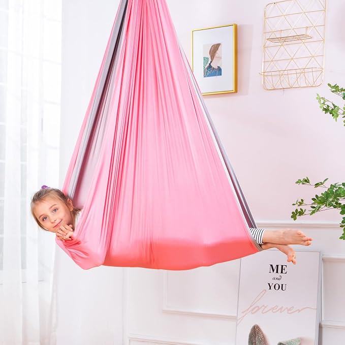 Therapy Swing Hammock Kids Cuddle Sensory Swing Indoor Therapeutic Hammock 360° Rotating Double Layer Elastic Rocking Cloth Swing Gifts for Children with ADHD SPD Asperger Autism (Pink+Grey)