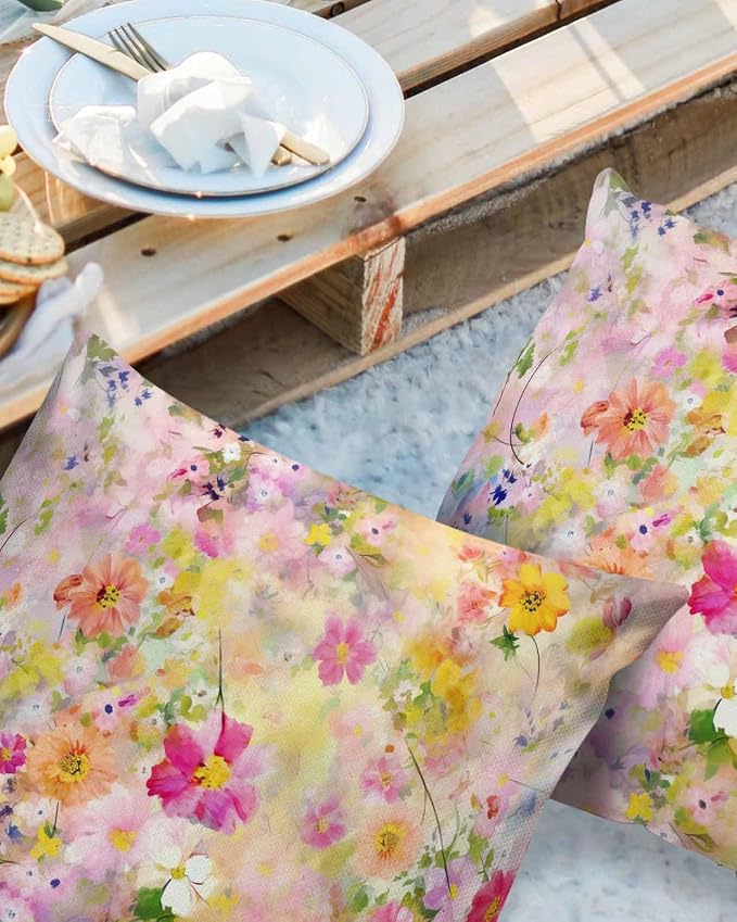 Abstract Outdoor Throw Pillow Covers Pack of 2, Spring Oil Painting Plant Colorful Flowers Waterproof Pillow Covers Pillowcase for Outside Furniture Bench Patio Garden Decorative, 20"x20"