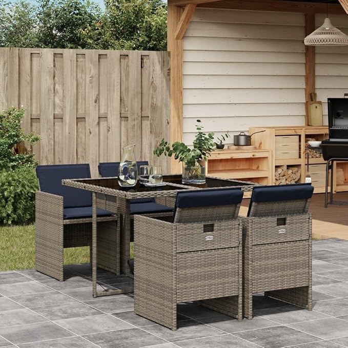 5 Piece Garden Dining Set with Cushions Grey Poly Rattan Outdoor Patio Furniture Space Saving Foldable Chairs Tempered Glass Table for Backyard Deck Al Fresco Dining