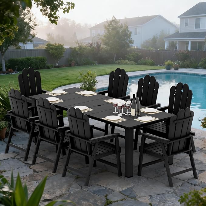 9 Piece Outdoor Dining Set for 8, Patio Table and Chairs, Black | 89.4” table,Large 8 person HDPE outdoor dining set, high back 304 stainless steel, weather resistant for long-term outdoor