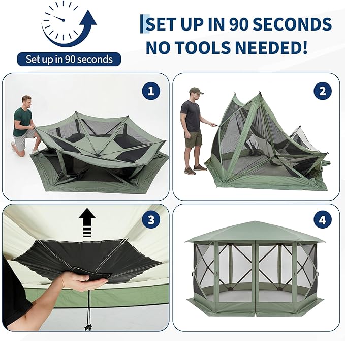 GarveeHome 13x13FT Pop Up Gazebo Screen Tent, 6-Sided Canopy with Starry Sky Top, 210D Oxford Water-Proof Instant Shelter with Mosquito Netting for Backyard Camping, Green & Gray