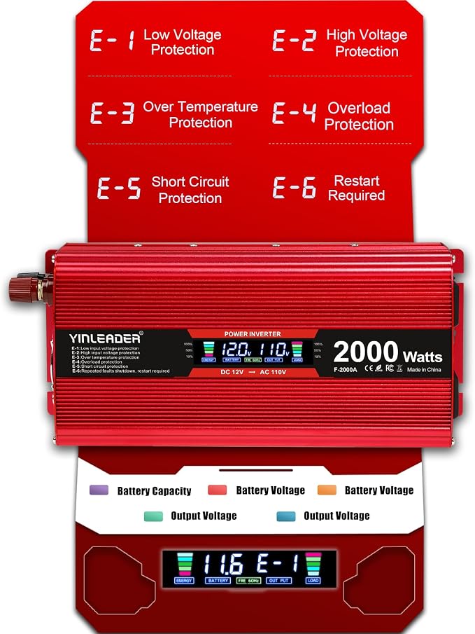 2000 watt Inverter 12V to 110V/120V, dc to ac Inverter 2000W Car Converter with Intelligent LCD Display Dual AC Outlets Dual USB Charging Port for RV Truck Laptop