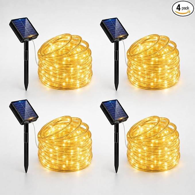 Solar Rope Lights, 4Pack 20FT 60 LED Solar Fairy Lights with 8 Lighting Modes, IP65 Waterproof Strip Light Outdoor for Garden Yard Patio Deck Fence Tree Party Holiday Decoration, Warm White