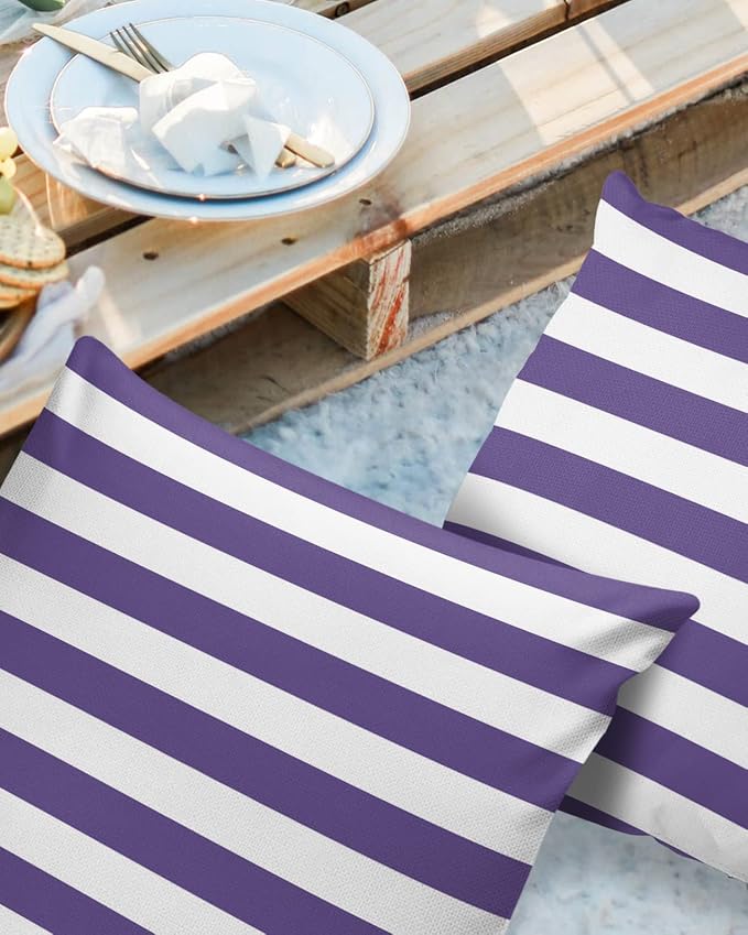 Outdoor Waterproof Pillow Covers for Patio Furniture Purple and White Stripes Decorative Throw Pillow Cover Solid Striped Pillowcases Set of 2 Cushion Case for Sofa Couch Chair 16 x 16 in