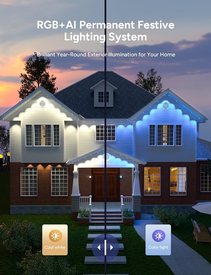 Permanent Outdoor Lights, 150ft with 90 LEDs Smart RGB, 68+ Scene Modes IP66 Waterproof, Alexa/Google Assistant Compatible Holiday Lighting for Christmas Halloween Patio Decor