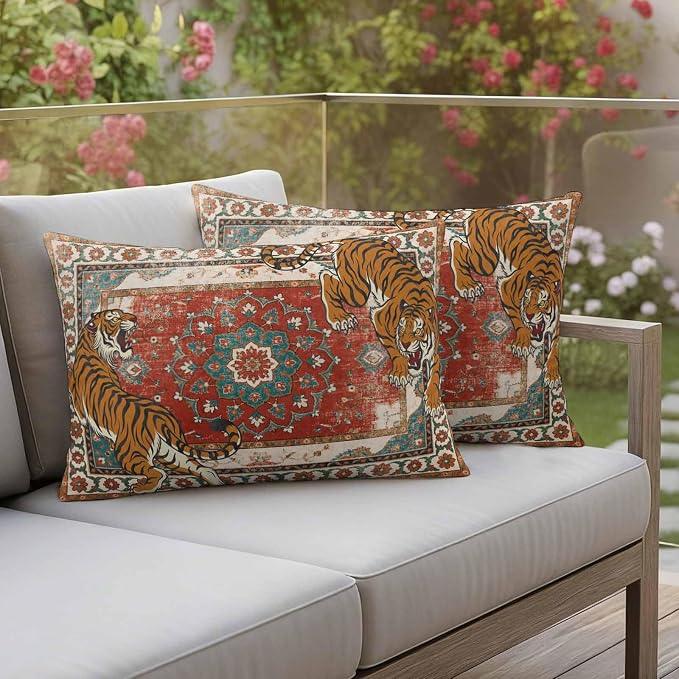 Tiger Print Outdoor Pillow Covers 20"x12" Set of 2, Boho Vintage Animal Orange Red Floral Geometric Waterproof Throw Pillow Covers for Patio Furniture, Decorative Cushion Covers for Porch