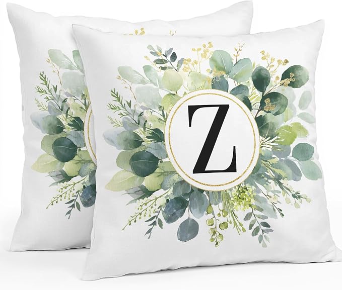 Letter Z Waterproof Outdoor Pillow Covers Set of 2 Home Decor, Alphabet Green Eucalyptus Leaves Pillowcase Patio Pillow Covers for Couch Bench Patio Furniture Garden 16x16in