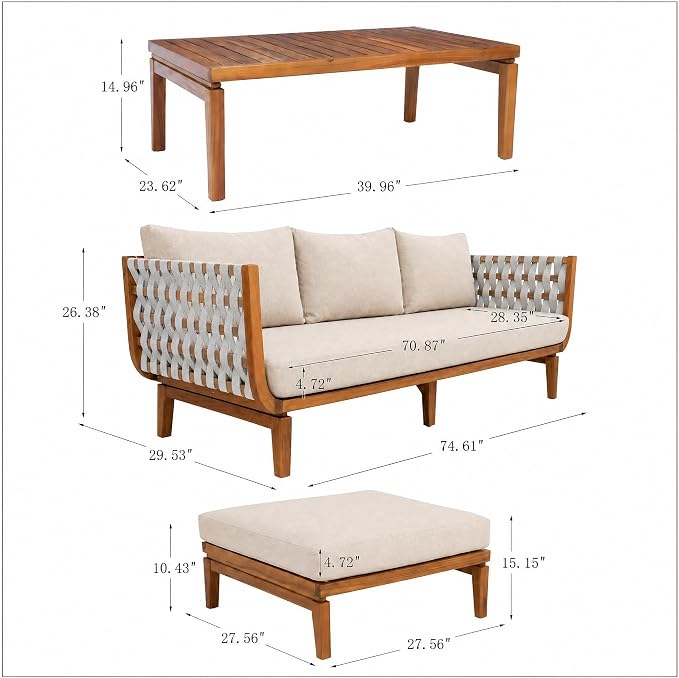 Christopher Knight Home Gwen 3 Piece Acacia Wood Patio Conversation Set with Sofa, Coffee Table and Ottoman, 3-Seater Sofa with Water-Repellent Cushion, Outdoor Patio Furniture Set, Teak+Beige