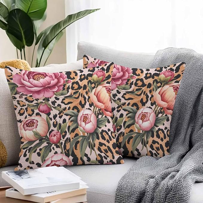 Vandarllin Outdoor Throw Pillows Covers 26x26 inch Set of 2 Waterproof Leopard Print Decorative Zippered Cushion Covers for Patio Furniture, Pink Floral Retro Animal Skin Lumbar Pillowcases