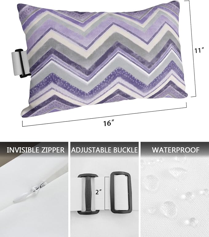 Outdoor Pillows Covers with Inserts Northern Europe Purple Geometric Wave Stripes Waterproof Recliner Pillow with Adjustable Strap Throw Pillows for Patio Furniture Pool Lounge Chair, 11x16 inch, 1PCS