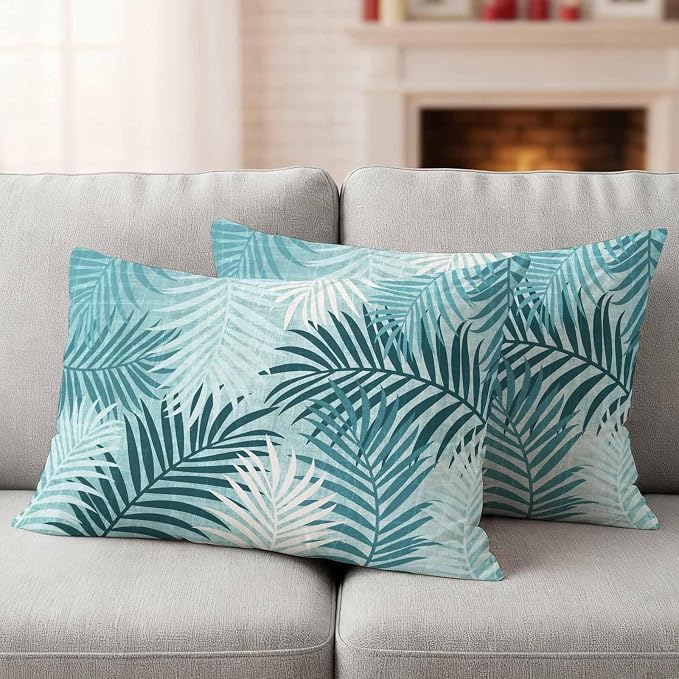 Turquoise Palm Leaves Waterproof Outdoor Pillow Covers Set of 2 Home Decor, Summer Tropical Leaf Plant Lumbar Pillowcase Patio Pillow Covers for Couch Bench Patio Furniture Garden 20x12in