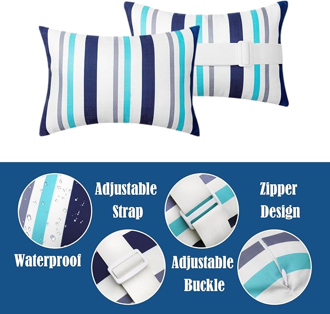 Chaise Lounge Head Pillow Oudoor Patio Pillow with Elastic Strap | 2 Pack Water Resistant Headrest Pillows for Recliner, Beach Chair, Office Chair, Stripes