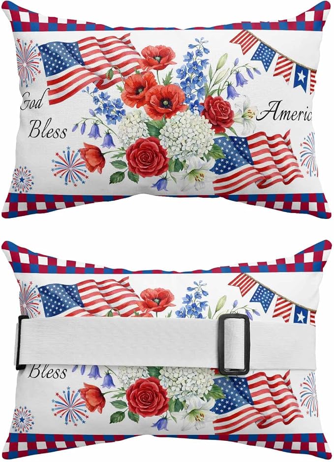 250th Anniversary Floral Outdoor Pillows for Chaise Lounge Chair Headrest Pillow Set of 2 Waterproof Lumbar Pillows with Insert&Adjustable Elastic Strap Red Blue Stars 4th of July Neck Pillow 11"x16"