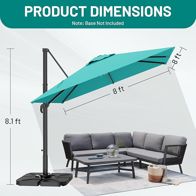 AreShark 8 × 8FT Square Cantilever Patio Umbrella with Base Included, 360° Rotation Offset Outdoor Umbrella, 5 Tilt Settings Heavy Duty Hanging Parasol for Deck Garden Pool, Peacock Blue