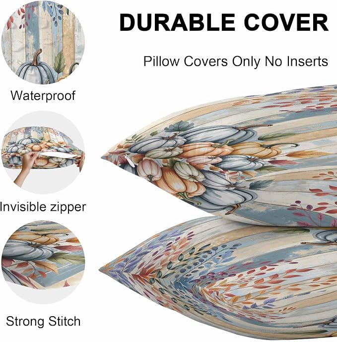 Orange Pumpkins Outdoor Waterproof Pillow Covers, Eucalyptus Leaves Wood Grain Country Rustic Decorative Square Throw Pillowcase Sofa Cushion Sham for Patio/Couch/Chair, 16"x16" 2 Pack