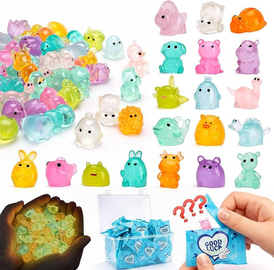 150 Pcs Mystery Bag Mini Resin Animals, Glow in The Dark Blind Bags with Storage Box, Forest Variety Pack, Miniature for DIY Crafts, Micro Landscape Fairy Garden Decor, Party Favors, Gifts (Animals)
