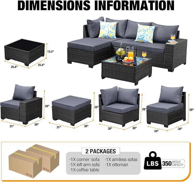 5 Pieces Patio Furniture Set,Wicker PE Rattan Outdoor Sectional with Cushion & Coffee Table, Patio Conversation Sofa for Garden, Backyard, Poolside, Grey