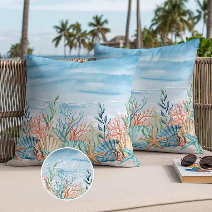 Throw Pillow Covers 18x18 Inch Set of 2, Summer Nautical Waterproof Outdoor Pillow Covers, Coastal Beach Starfish Coral Shell Blue Decorative Cushion Pillowcases for Couch, Sofa, Bed, Garden, Patio