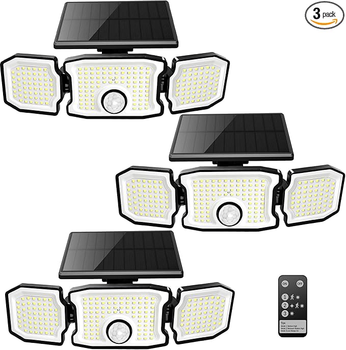 Solar Lights Outdoor Waterproof- 2800LM 200LED Solar Motion Sensor Lights, 3 Heads & 3 Modes Flood Lights, 270° Wide Angle Solar Powered Security Lights for Yard, Garage(3 Pack)