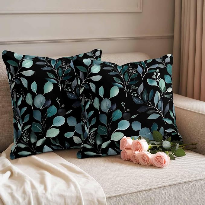 Throw Pillow Covers 26x26 Inch Set of 2, Teal Black Botanical Waterproof Outdoor Pillow Covers, Spring Eucalyptus Leaves Greenery Decorative Cushion Pillowcases for Couch, Sofa, Bed, Garden, Patio