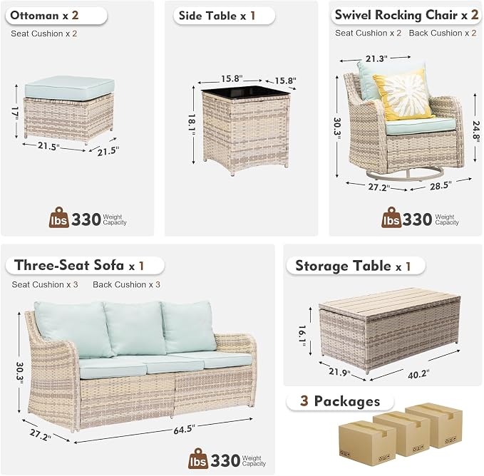 MEISSALIVVE 7 Pieces Patio Furniture Set with Swivel Chair, Outdoor Patio Conversation Set, Patio Sectional Furniture Set with 2 Swivel Rocker Patio Chair and Sofa, 2 Ottomans and Coffee Table (Blue)