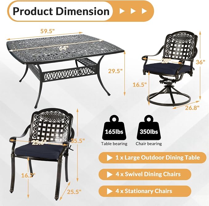 9 Piece Outdoor Patio Dining Set for 8, Cast Aluminium Large Square Dining Table & 4 Swivel Rocker Chairs, 4 Stationary, 8 Cushions, Umbrella Hole, Patio Furniture Set for Garden, Navy Blue