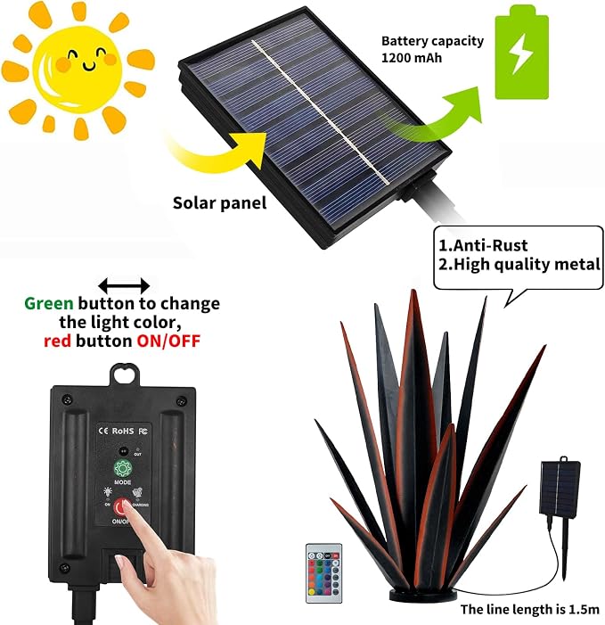 KODIBO 24" Large Metal Agave Plant Outdoor Decor with Solar Light, Black | Waterproof Solar Garden Light, Rust-Resistant Metal, Hand-Painted Finish, Tequila Rustic Sculpture, Desert Steel Yard Art