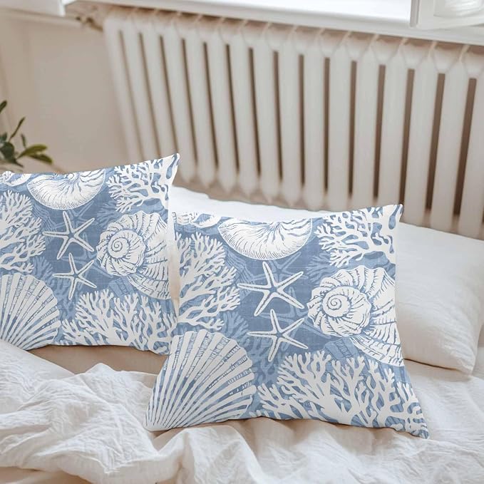 Outdoor Pillow Covers 24x24 Inch Set of 2, Lake Blue Starfish Coastal Waterproof Throw Pillow Covers, Summer Coral Shell Beach Nautical Decorative Cushion Pillowcases for Couch Sofa Bed Garden Patio