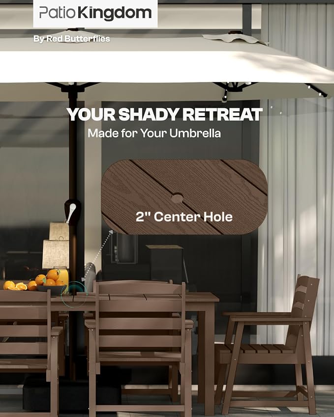 HDPE 5-Piece Outdoor Dining Set with 15FT Umbrella, Brown | All-Weather Patio Table and Chairs for 4, Fade-Resistant Patio Furniture Dining Set for Lawn, Garden, Deck, Backyard