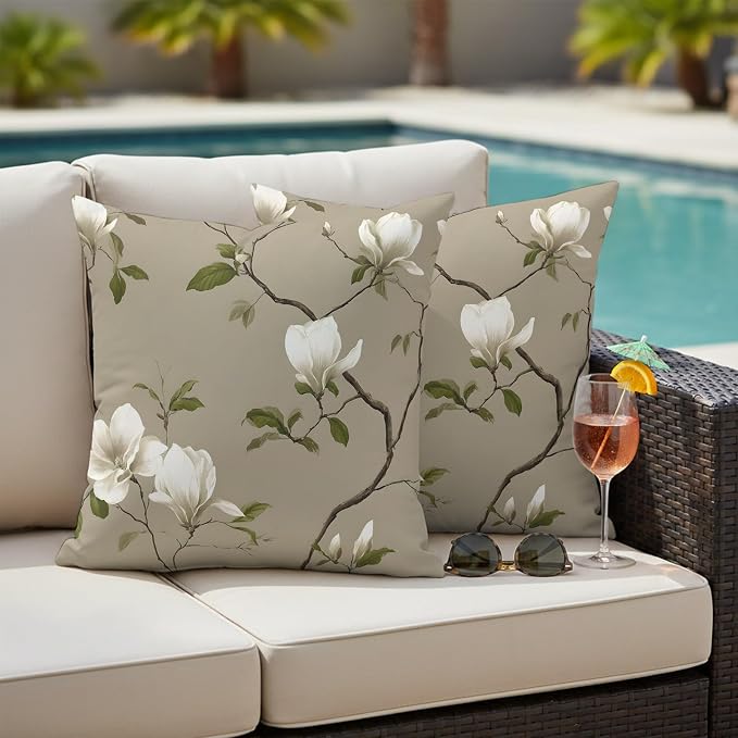 Vintage Floral Outdoor Pillow Covers 20"x20" Set of 2, Magnolia Flowers Branches Rustic Botanical Brown Waterproof Throw Pillow Covers for Patio Furniture, Decorative Cushion Covers for Porch