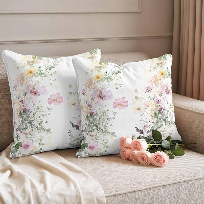Watercolor Flowers Outdoor Waterproof Throw Pillow Covers Set of 2, 24"x24", Spring Retro Floral Purple Green Yellow Decorative Pillow Covers Outside Cushion Case for Patio Porch Garden
