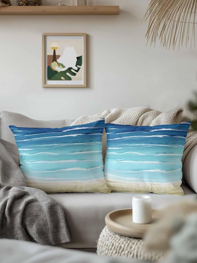 Set of 2 Outdoor Pillows Waterproof, Blue Beige Ombre Indoor/Outdoor Throw Pillows with Inserts, Coastal Nautical Summer Beach Wave Decorative Pillow for Patio Furniture Chairs Couch 18"x18"
