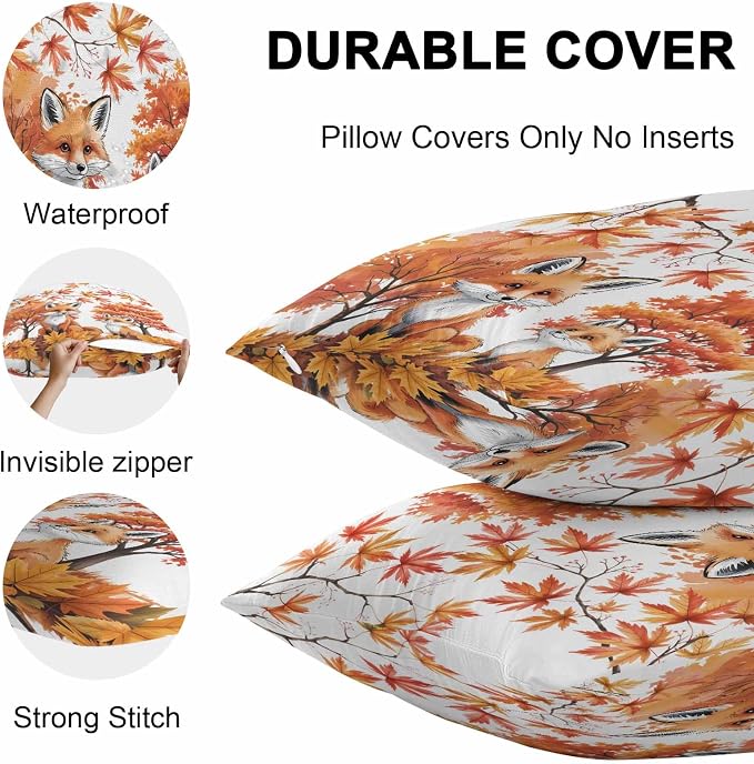 Orange Fox Outdoor Waterproof Pillow Covers, Thanksgiving Maple Leaves Autumn Trees Decorative Square Throw Pillowcase Sofa Cushion Sham for Patio/Couch/Chair, 18"x18" 2 Pack
